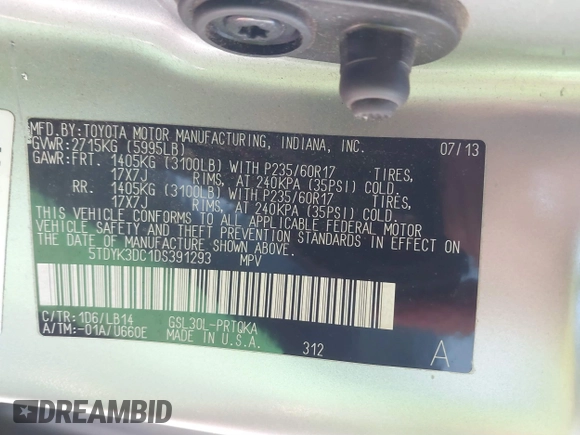 2013 Toyota Sienna XLE AAS with VIN 5TDYK3DC1DS391293, listed as a IAAI auction lot 41694041 with 181,913 mi miles. Bid and sale history available at carsss.com. Image 9.