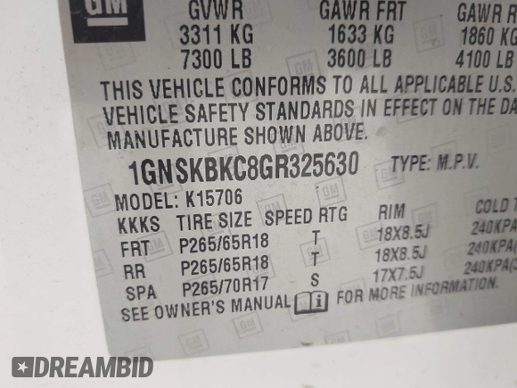 2016 Chevrolet Tahoe LT z VIN 1GNSKBKC8GR325630, wystawiony jako IAAI lot #41939244 z przebiegiem 177 948 mil mil oraz . Historia ofert i sprzedaży dostępna na DreamBid. Obrazek 9.