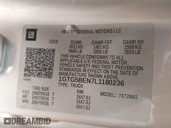 2020 GMC Canyon 2WD with VIN 1GTG5BEN7L1180236, listed as a IAAI auction lot 41769262 with 59,993 mi miles. Bid and sale history available at carsss.com. Image 9.