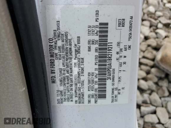 2011 Ford Fusion SEL with VIN 3FAHP0JA1BR219211, listed as a Copart auction lot 49779065 with 105,262 mi miles and Salvage Title. Bid and sale history available at carsss.com. Image 13.