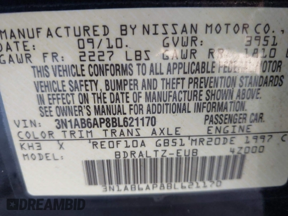 2011 Nissan Sentra 2.0 with VIN 3N1AB6AP8BL621170, listed as a IAAI auction lot 41227404 with 169,540 mi miles and . Bid and sale history available at DreamBid. Image 9.