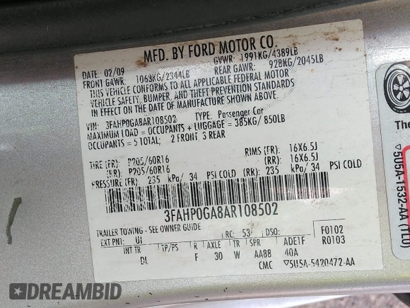 2010 Ford Fusion S with VIN 3FAHP0GA8AR108502, listed as a IAAI auction lot 41904920 with 1 mi miles. Bid and sale history available at carsss.com. Image 9.
