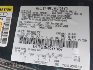 2016 Ford Mustang V6 with VIN 1FATP8EM6G5291657, listed as a IAAI auction lot 42252062 with 98,000 mi miles and . Bid and sale history available at DreamBid. Image 9.