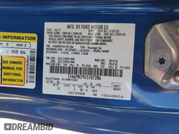 2018 Ford Mustang GT with VIN 1FA6P8CF9J5107286, listed as a Copart auction lot 52190835 with 177,804 mi miles and Salvage title. Bid and sale history available at DreamBid. Image 13.