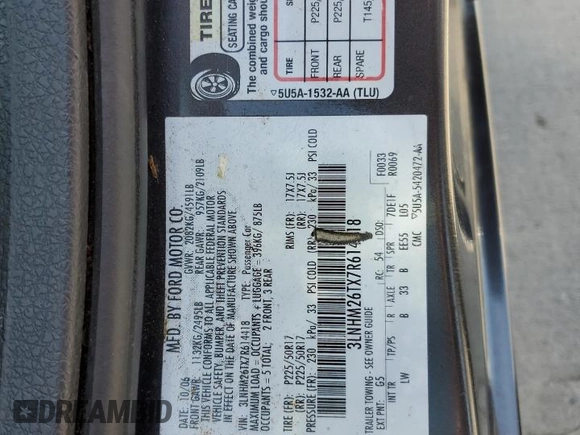 2007 Lincoln MKZ with VIN 3LNHM26TX7R614418, listed as a Copart auction lot 55145445 with 198,915 mi miles and Salvage Title. Bid and sale history available at carsss.com. Image 12.