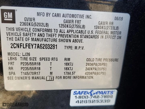 2010 Chevrolet Equinox LTZ with VIN 2CNFLFEY7A6203281, listed as a Copart auction lot 43780125 with 120,944 mi miles and Clean Title. Bid and sale history available at carsss.com. Image 13.