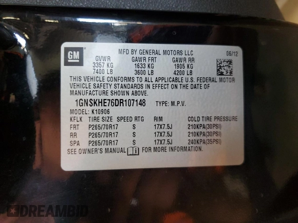 2013 Chevrolet Suburban LS with VIN 1GNSKHE76DR107148, listed as a Copart auction lot 79998334 with 238,411 mi miles and Salvage Title. Bid and sale history available at carsss.com. Image 13.