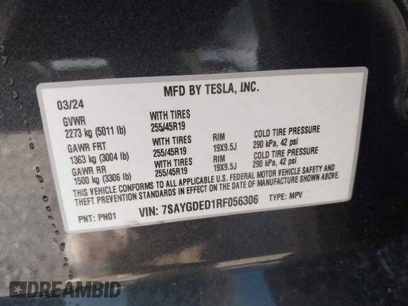 2024 Tesla Model Y с VIN 7SAYGDED1RF056306, выставлен на аукционе IAAI как лот 42683616 с пробегом 7 423 миль миль и . История ставок и продаж доступна на DreamBid. Изображение 9.