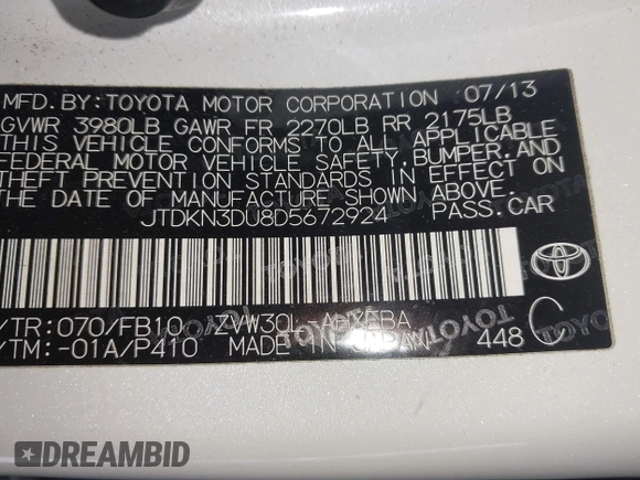 2013 Toyota Prius One with VIN JTDKN3DU8D5672924, listed as a IAAI auction lot 42011744 with 153,772 mi miles. Bid and sale history available at carsss.com. Image 9.