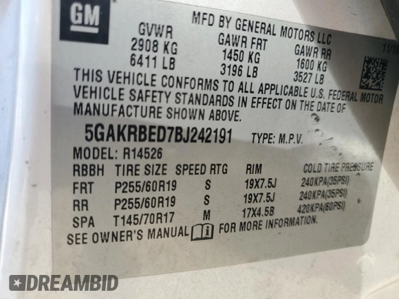 2011 Buick Enclave CXL-1 with VIN 5GAKRBED7BJ242191, listed as a Copart auction lot 47800485 with 0 mi miles and Salvage Title. Bid and sale history available at carsss.com. Image 13.