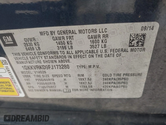 2015 GMC Acadia SLT with VIN 1GKKVRKD9FJ173280, listed as a IAAI auction lot 40113147 with 118,533 mi miles. Bid and sale history available at carsss.com. Image 9.