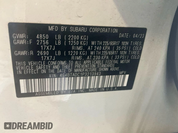 2023 Subaru Outback Premium с VIN 4S4BTADC1P3213943, выставлен на аукционе IAAI как лот 42785457 с пробегом 26 841 миль миль и . История ставок и продаж доступна на DreamBid. Изображение 12.