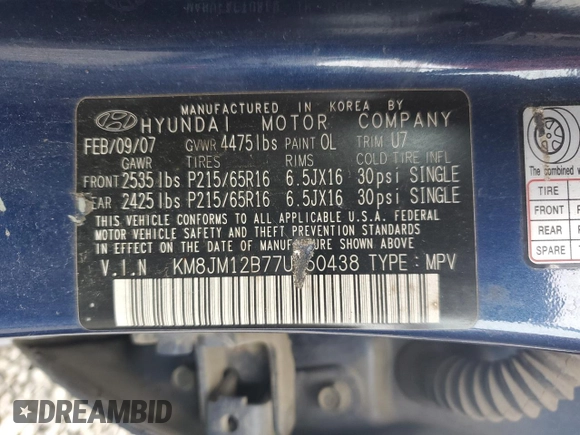 2007 Hyundai Tucson GLS with VIN KM8JM12B77U650438, listed as a Copart auction lot 50941065 with 189,707 mi miles and Salvage Title. Bid and sale history available at carsss.com. Image 13.