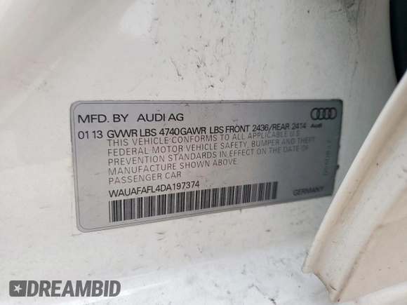 2013 Audi A4 Premium с VIN WAUAFAFL4DA197374, выставлен на аукционе Copart как лот 58561765 с пробегом 118 832 миль миль и Чистый • Clean title. История ставок и продаж доступна на DreamBid. Изображение 13.