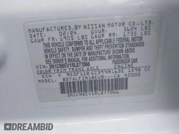 2024 Nissan Versa SV z VIN 3N1CN8EV1RL877066, wystawiony jako IAAI lot #42263312 z przebiegiem 6 081 mil mil oraz . Historia ofert i sprzedaży dostępna na DreamBid. Obrazek 9.