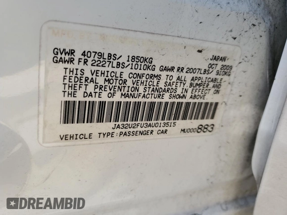 2010 Mitsubishi Lancer ES with VIN JA32U2FU3AU013515, listed as a Copart auction lot 51037835 with 132,170 mi miles and Salvage Title. Bid and sale history available at DreamBid. Image 12.
