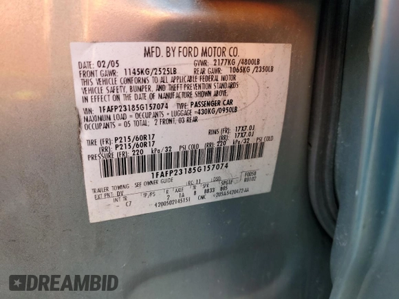 2005 Ford Five Hundred SE z VIN 1FAFP23185G157074, wystawiony jako Copart lot #54209285 z przebiegiem 195 519 mil mil oraz Szkody całkowita. Historia ofert i sprzedaży dostępna na DreamBid. Obrazek 12.