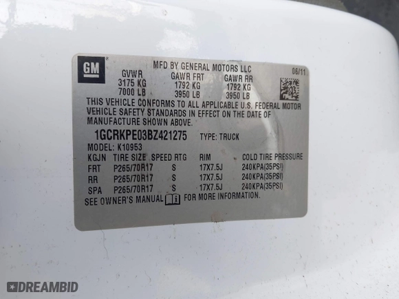 2011 Chevrolet Silverado 1500 Work Truck with VIN 1GCRKPE03BZ421275, listed as a IAAI auction lot 42035340 with 68,289 mi miles. Bid and sale history available at carsss.com. Image 9.