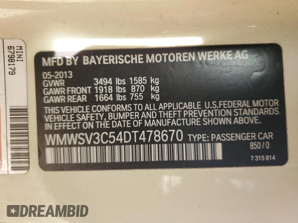 2013 MINI Hardtop S with VIN WMWSV3C54DT478670, listed as a Copart auction lot 52710445 with 58,974 mi miles and Salvage title. Bid and sale history available at DreamBid. Image 14.