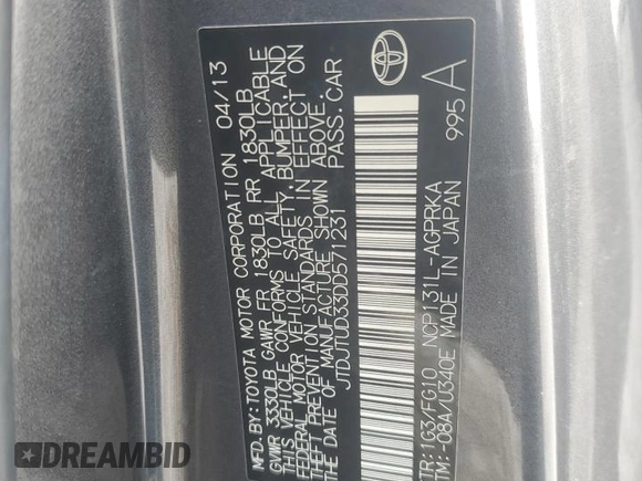 2013 Toyota Yaris L z VIN JTDJTUD33DD571231, wystawiony jako Copart lot #75826024 z przebiegiem 224 036 mil mil oraz Szkoda całkowita • Salvage title. Historia ofert i sprzedaży dostępna na DreamBid. Obrazek 12.