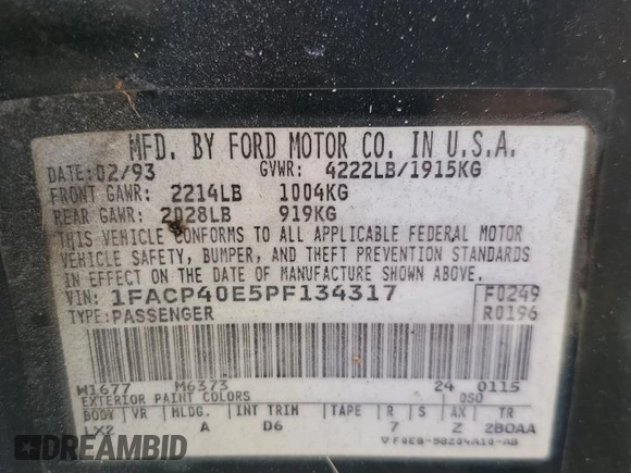1993 Ford Mustang with VIN 1FACP40E5PF134317, listed as a Copart auction lot 77322724 with 96,493 mi miles and Non repairable. Bid and sale history available at DreamBid. Image 13.