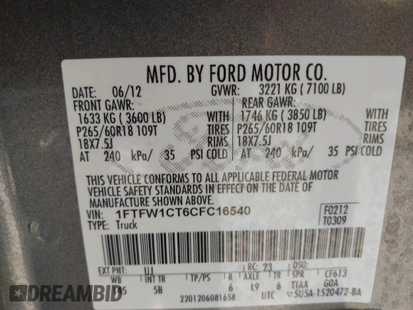 2012 Ford F-150 XL with VIN 1FTFW1CT6CFC16540, listed as a IAAI auction lot 41596952 with 76,698 mi miles. Bid and sale history available at carsss.com. Image 9.