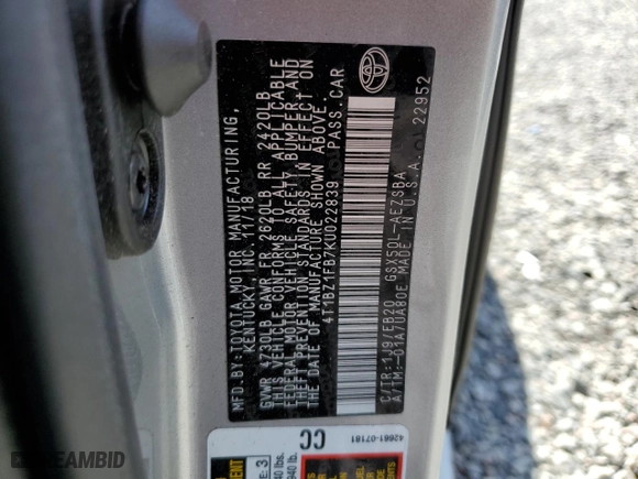 2019 Toyota Avalon XLE with VIN 4T1BZ1FB7KU022839, listed as a Copart auction lot 51211525 with 45,538 mi miles and Non Repairable. Bid and sale history available at carsss.com. Image 14.