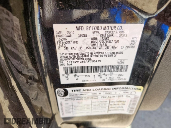 2010 Ford F-150 XL with VIN 1FTEW1C86AFC56413, listed as a Copart auction lot 61371355 with 251,151 mi miles and Salvage title. Bid and sale history available at DreamBid. Image 12.
