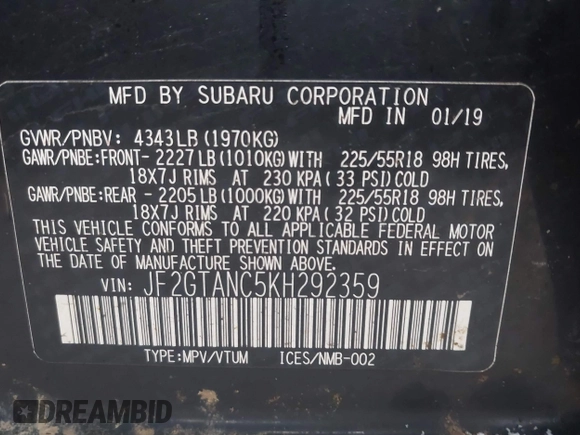 2019 Subaru Crosstrek Limited with VIN JF2GTANC5KH292359, listed as a IAAI auction lot 41731428 with 82,191 mi miles. Bid and sale history available at carsss.com. Image 9.