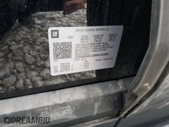 2021 Chevrolet Tahoe LS z VIN 1GNSKMKD8MR191699, wystawiony jako Copart lot #84043944 z przebiegiem Nie podano mil oraz Szkoda całkowita • Salvage title. Historia ofert i sprzedaży dostępna na DreamBid. Obrazek 14.