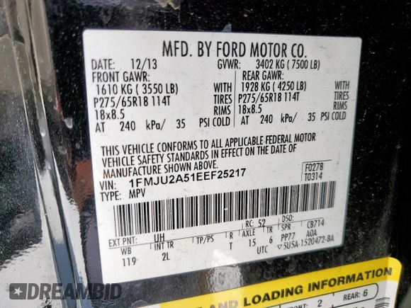 2014 Ford Expedition Limited z VIN 1FMJU2A51EEF25217, wystawiony jako Copart lot #65161945 z przebiegiem 97 886 mil mil oraz Czysty tytuł • Clean title. Historia ofert i sprzedaży dostępna na DreamBid. Obrazek 13.