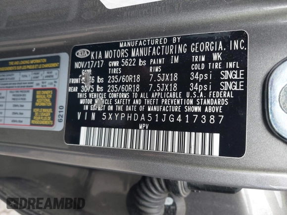 2018 Kia Sorento EX with VIN 5XYPHDA51JG417387, listed as a IAAI auction lot 42045993 with 46,492 mi miles and . Bid and sale history available at DreamBid. Image 9.