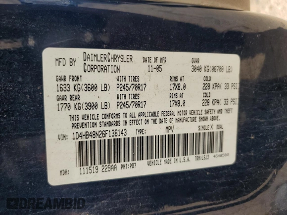 2006 Dodge Durango SLT with VIN 1D4HB48N26F136143, listed as a Copart auction lot 63785285 with 198,724 mi miles and Salvage title. Bid and sale history available at DreamBid. Image 13.