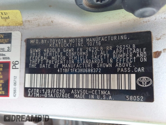2017 Toyota Camry XLE with VIN 4T1BF1FK3HU688372, listed as a IAAI auction lot 41607367 with 105,224 mi miles and . Bid and sale history available at carsss.com. Image 9.