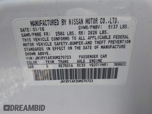 2016 Infiniti Q70 with VIN JN1BY1AR3GM270723, listed as a IAAI auction lot 40029163 with 80,411 mi miles. Bid and sale history available at carsss.com. Image 18.