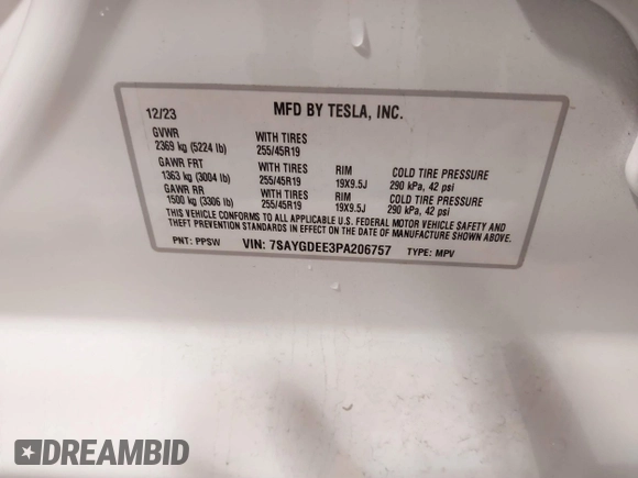 2023 Tesla Model Y Long Range with VIN 7SAYGDEE3PA206757, listed as a IAAI auction lot 39425483 with 5,711 mi miles and . Bid and sale history available at DreamBid. Image 9.