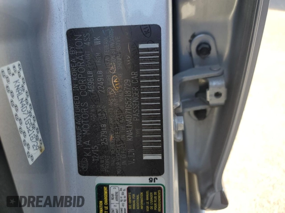 2016 Kia Cadenza Premium with VIN KNALN4D71G5218729, listed as a Copart auction lot 83393954 with 34,343 mi miles and Salvage Title. Bid and sale history available at carsss.com. Image 13.