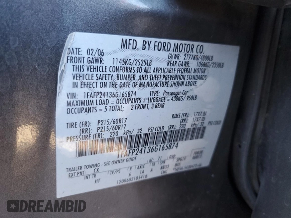 2006 Ford Five Hundred SEL with VIN 1FAFP24136G165874, listed as a Copart auction lot 37332164 with 201,204 mi miles and Salvage Title. Bid and sale history available at carsss.com. Image 12.