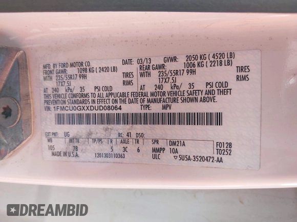 2013 Ford Escape SE с VIN 1FMCU0GXXDUD08064, выставлен на аукционе IAAI как лот 42154875 с пробегом 85 138 миль миль и . История ставок и продаж доступна на DreamBid. Изображение 9.