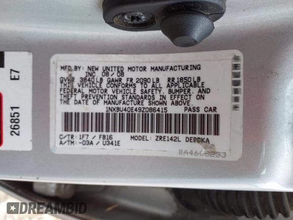 2009 Toyota Corolla with VIN 1NXBU40E49Z086415, listed as a IAAI auction lot 39773955 with 203,803 mi miles and . Bid and sale history available at DreamBid. Image 9.