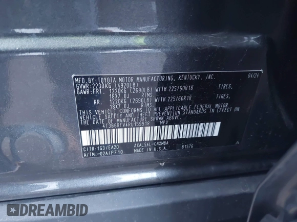 2024 Toyota RAV4 Hybrid XLE Premium with VIN 4T3B6RFV4RU159918, listed as a IAAI auction lot 42662990 with 16,010 mi miles and . Bid and sale history available at DreamBid. Image 9.