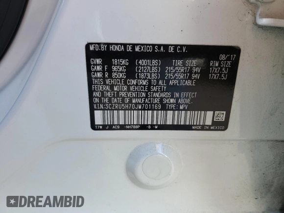 2018 Honda HR-V EX-L Navi with VIN 3CZRU5H70JM701169, listed as a Copart auction lot 43001395 with 59,720 mi miles and Salvage Title. Bid and sale history available at carsss.com. Image 13.