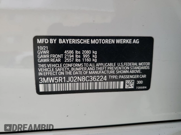 2022 BMW 3 Series 330i with VIN 3MW5R1J02N8C36224, listed as a Copart auction lot 50513865 with 22,084 mi miles and Non Repairable. Bid and sale history available at carsss.com. Image 14.