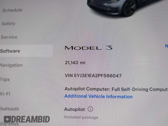 2023 Tesla Model 3 with VIN 5YJ3E1EA2PF566047, listed as a IAAI auction lot 42481008 with 21,143 mi miles and . Bid and sale history available at DreamBid. Image 15.