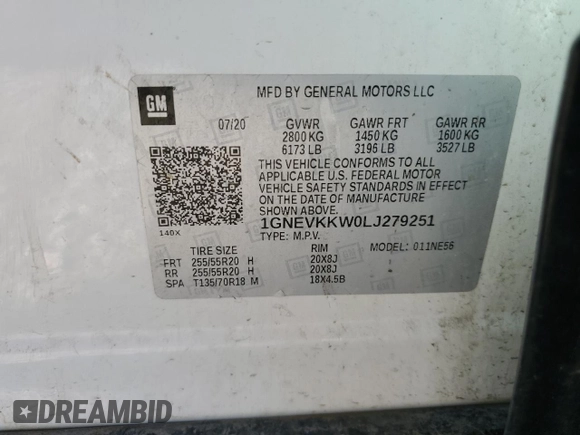 2020 Chevrolet Traverse Premier with VIN 1GNEVKKW0LJ279251, listed as a Copart auction lot 67841124 with 71,782 mi miles and Salvage Title. Bid and sale history available at carsss.com. Image 13.