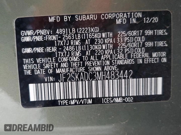 2021 Subaru Forester with VIN JF2SKADC3MH483442, listed as a Copart auction lot 56750255 with 63,849 mi miles and Salvage title. Bid and sale history available at DreamBid. Image 12.