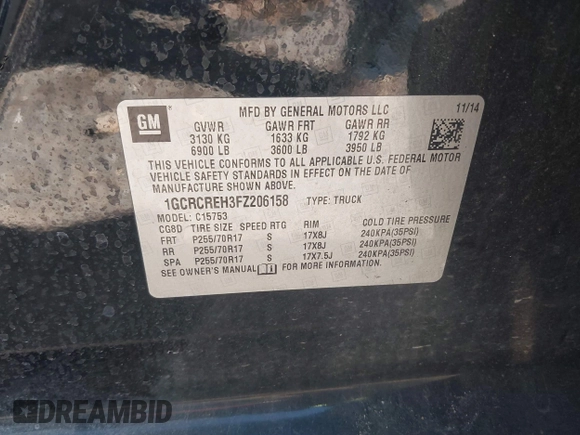 2015 Chevrolet Silverado 1500 LT with VIN 1GCRCREH3FZ206158, listed as a IAAI auction lot 41610695 with 182,692 mi miles. Bid and sale history available at carsss.com. Image 9.