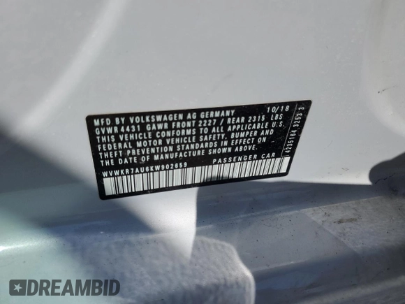 2019 Volkswagen Golf SE z VIN WVWKR7AU6KW902659, wystawiony jako Copart lot #51210155 z przebiegiem 53 017 mil mil oraz Szkoda całkowita • Salvage title. Historia ofert i sprzedaży dostępna na DreamBid. Obrazek 13.
