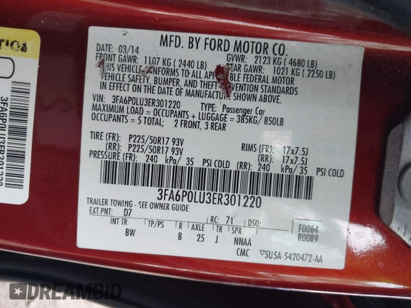 2014 Ford Fusion SE Hybrid with VIN 3FA6P0LU3ER301220, listed as a IAAI auction lot 41900873 with 251,303 mi miles. Bid and sale history available at carsss.com. Image 9.