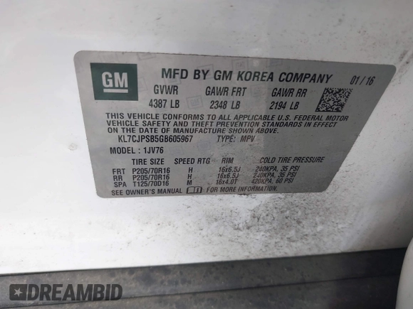 2016 Chevrolet Trax LT with VIN KL7CJPSB5GB605967, listed as a IAAI auction lot 42059782 with 125,212 mi miles and . Bid and sale history available at DreamBid. Image 9.